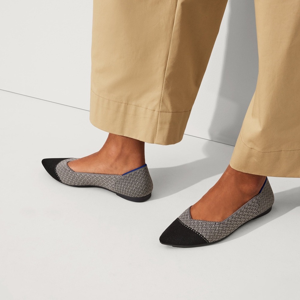 Rothy's The Point Flats Gray Herringbone Knit; Black Cap Toe; Blue Heel Trim 9.5